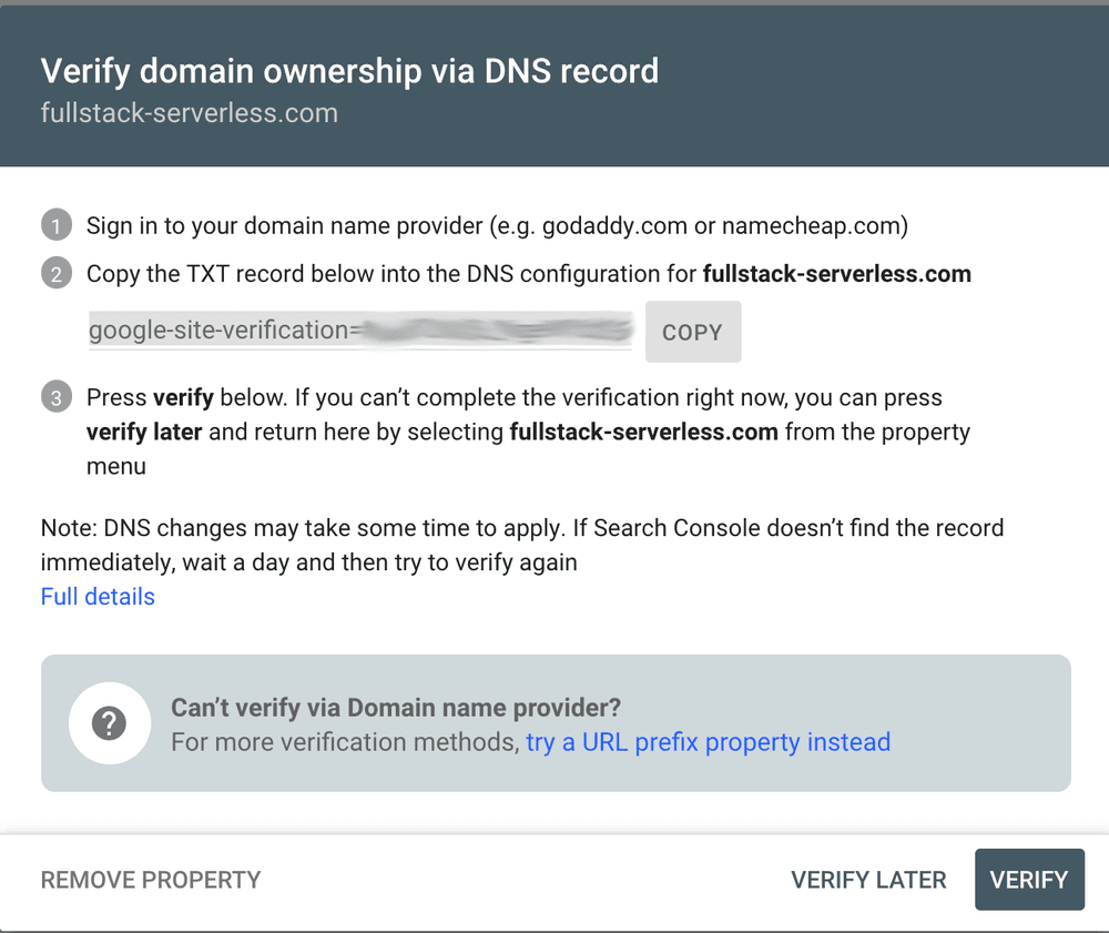Google Search Console verify domain screen.