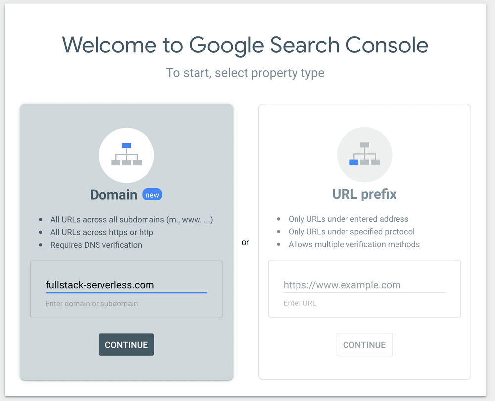 Google Search Console add domain screen.